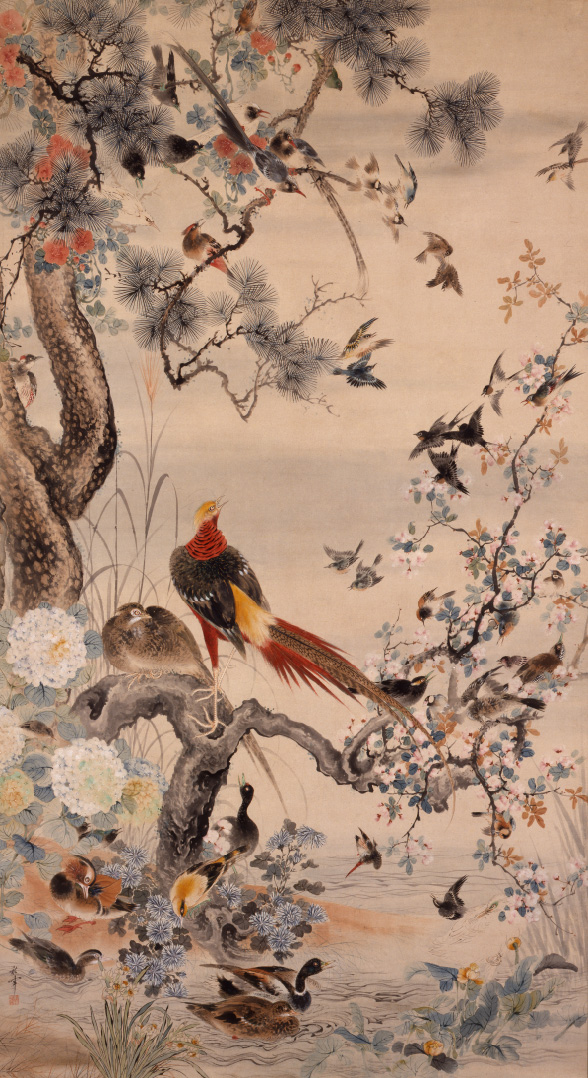 古】095 高逸鴻 紙本 肉筆 花鳥図 掛軸 - 書